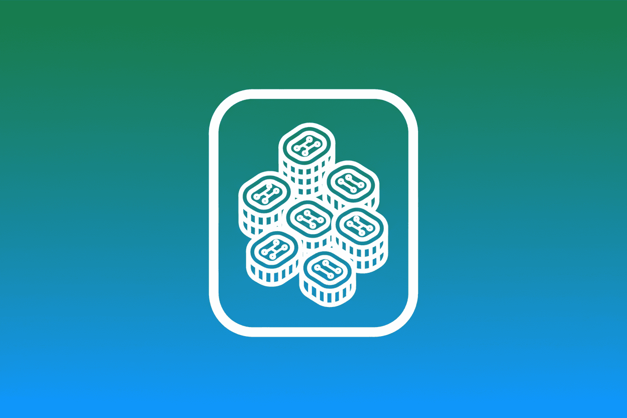 Minimalist white line-art icon of digital tokens stacking inside a rounded frame, set against a vibrant emerald-green to electric-blue gradient background.