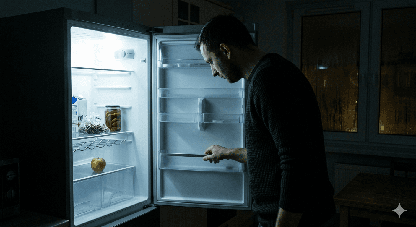 Person looking into an empty fridge at night — why dieting makes you hungrier through hormone changes