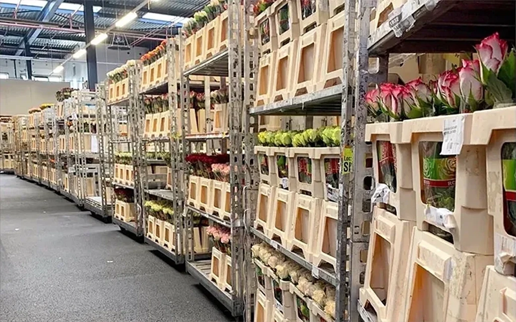 Een rij met volgestapelde karren met bloemen in fusten