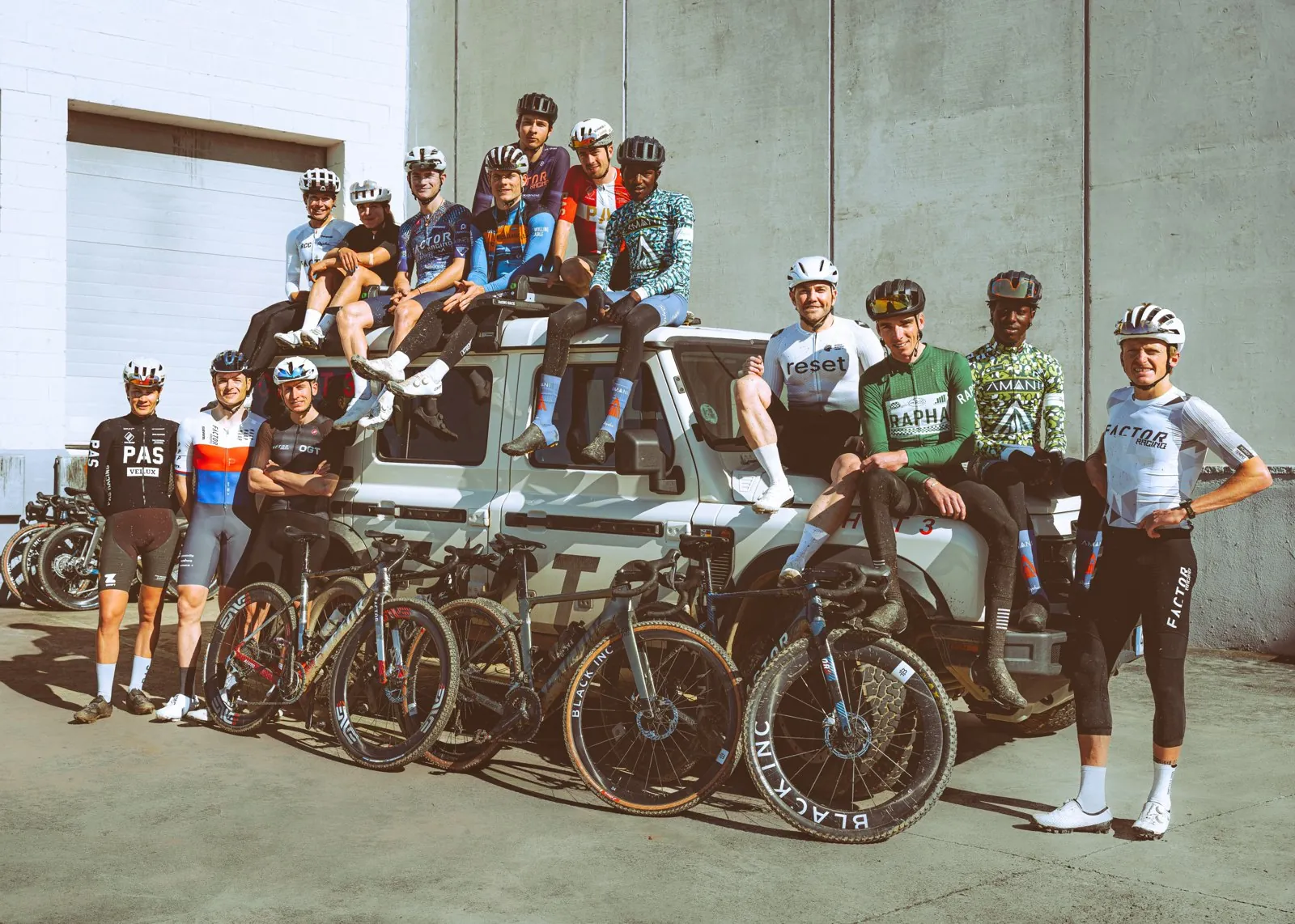 Zack Morris in reset cc kit with Factor Racing gravel riders in Girona, February 2026