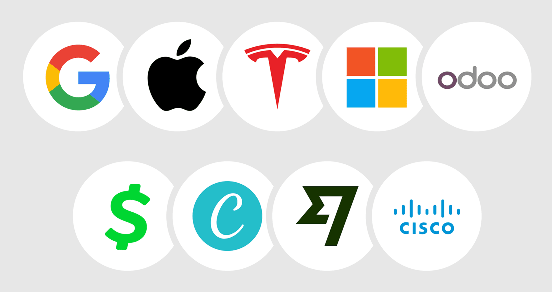 A grid of two rows showing logos for Google, Apple, Tesla, Microsoft, Odoo, Cash App, Canva, Wise, and Cisco.