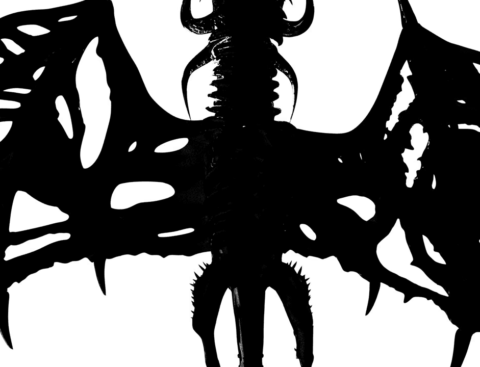 A black silhouette of a dragon flying against a white background. The dragon has large, leathery wings, a long, serpentine tail, and sharp claws. It is facing away from the viewer.