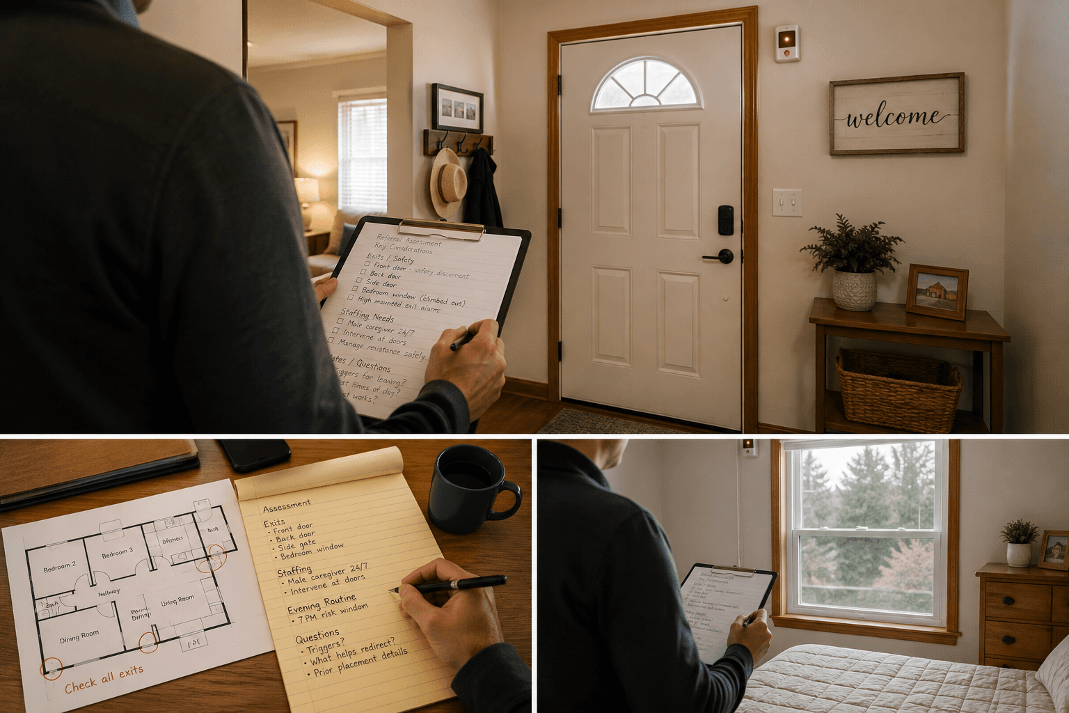 Adult family home owner reviews referral notes while evaluating doors, windows, alarms, staffing needs, and other safety considerations throughout the home.