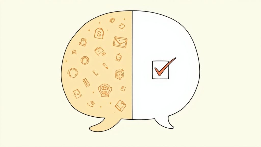 A speech bubble illustrating feedback, showing many diverse inputs on the left and a clear checkmark on the right.