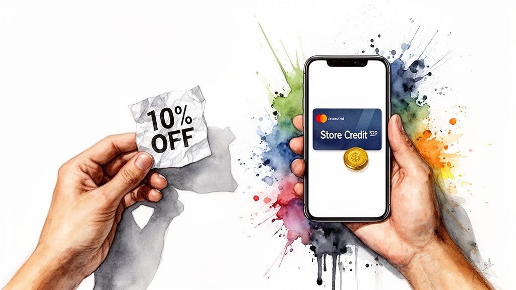 Illustration of a hand holding a 10% off coupon and another hand holding a phone with $20 store credit.