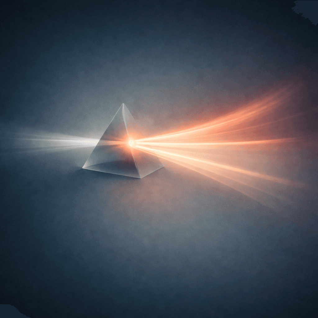 A glass prism sitting in a misty blue-gray space, bending a white beam of light into a warm orange flare that streaks to the right, suggesting focus and clarity.