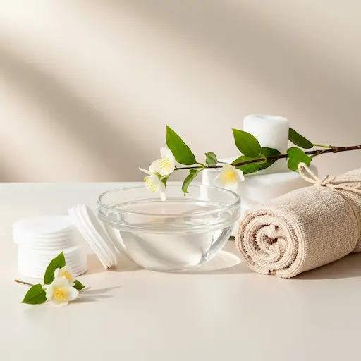 Delikatna aranżacja z ręcznikiem, miseczką wody i kwiatami – relaksująca atmosfera przed masażem transbukalnym.