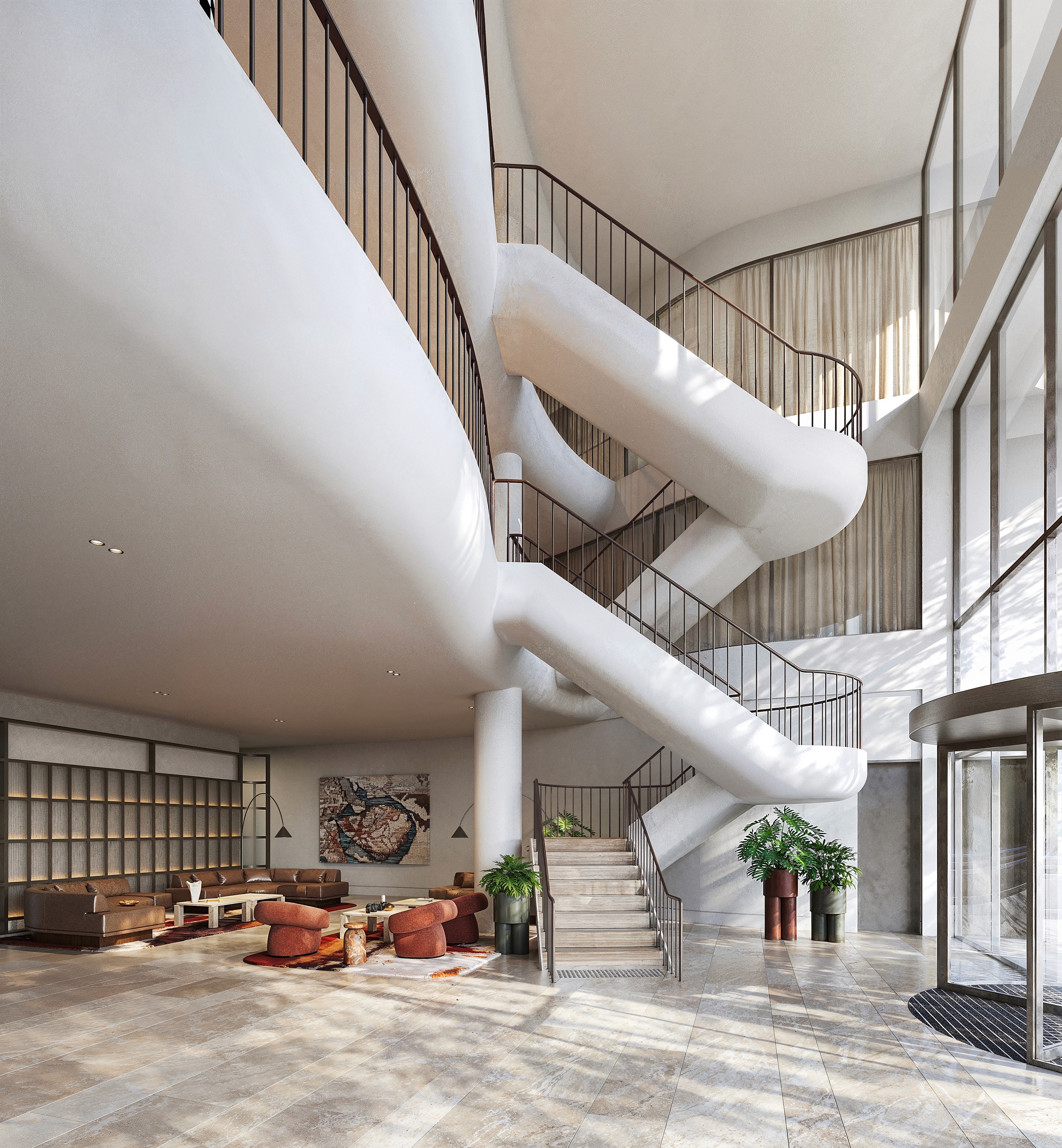 Modern kitchen with a wooden cabinet and glass door displaying glassware. Black counter, green stool, gold bowl, and plants on the island. Bright, sleek ambiance.