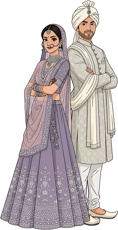 Illustration of the bride and groom standing back to back in traditional wedding dress