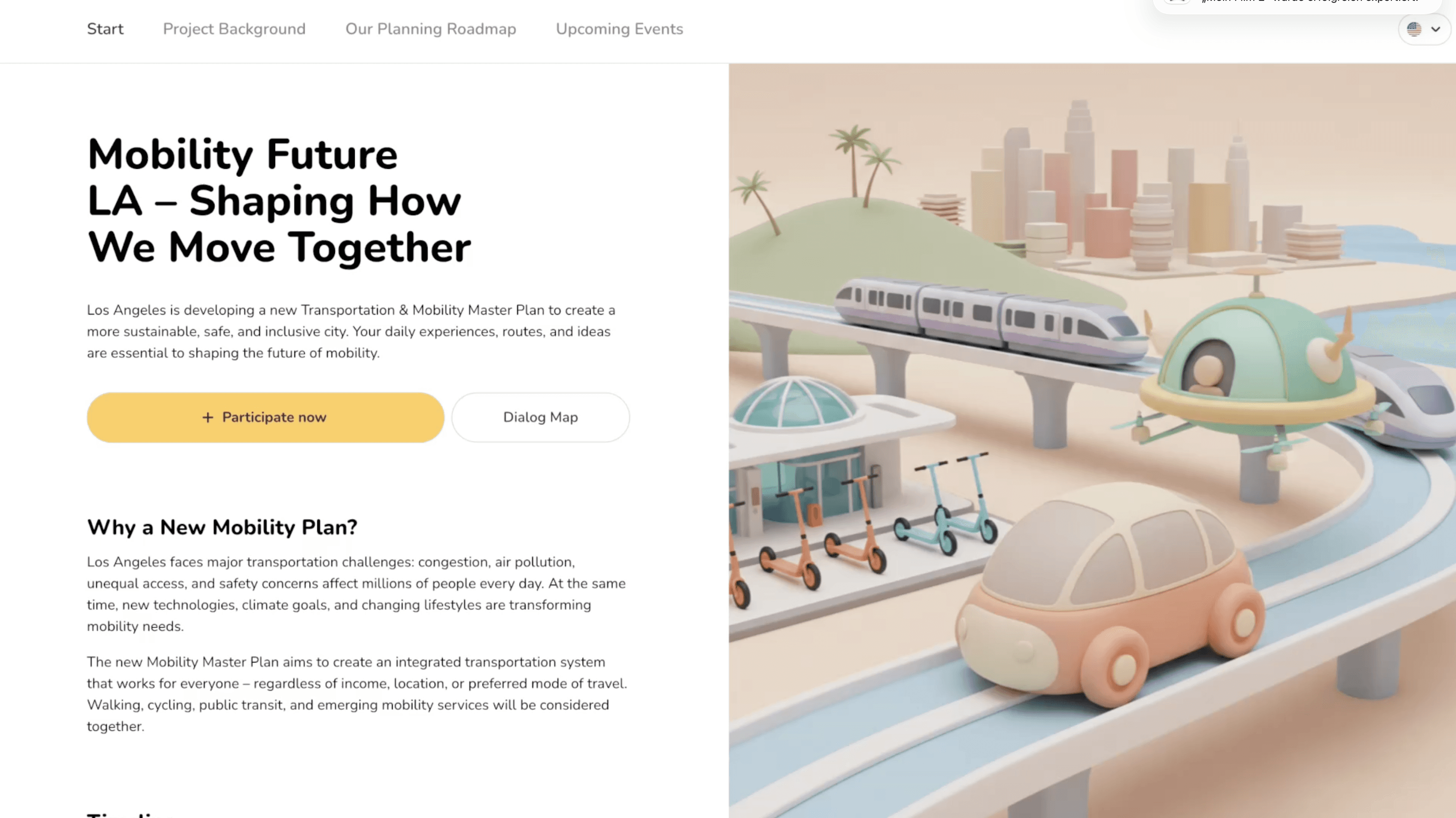 Senf-Beteiligungsseite zum Mobilitätsmasterplan Los Angeles mit Einstiegspunkten für Umfrage und Dialogkarte