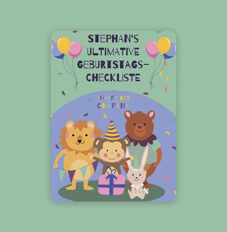 Eine verspielte freundliche Illstration von tieren die einen Geburtstagfeiern - Stephans Ultimative Checkliste