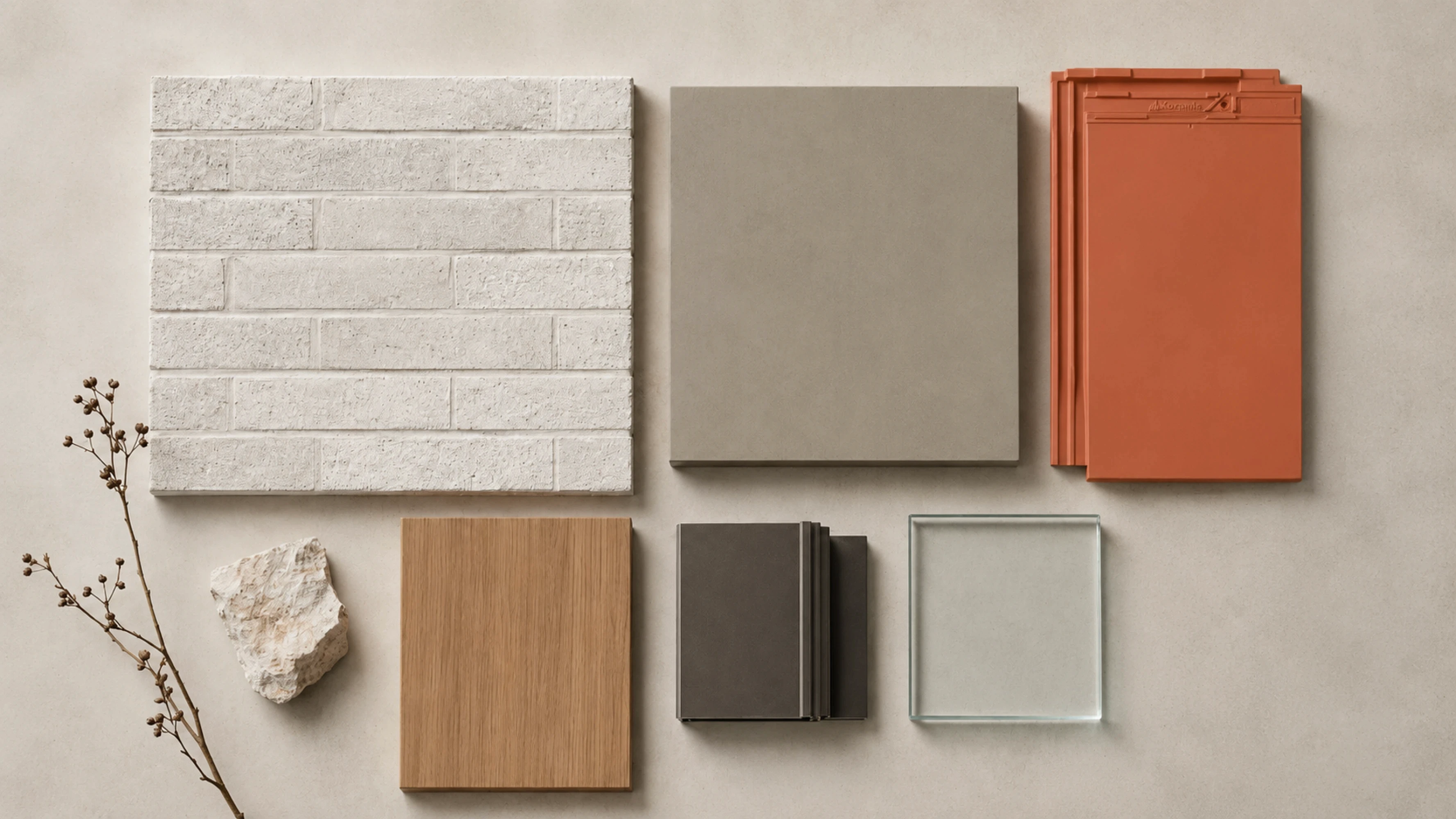 Paleta materiałów wykorzystanych w projekcie obejmująca cegłę, drewno, beton, szkło oraz dachówkę ceramiczną.