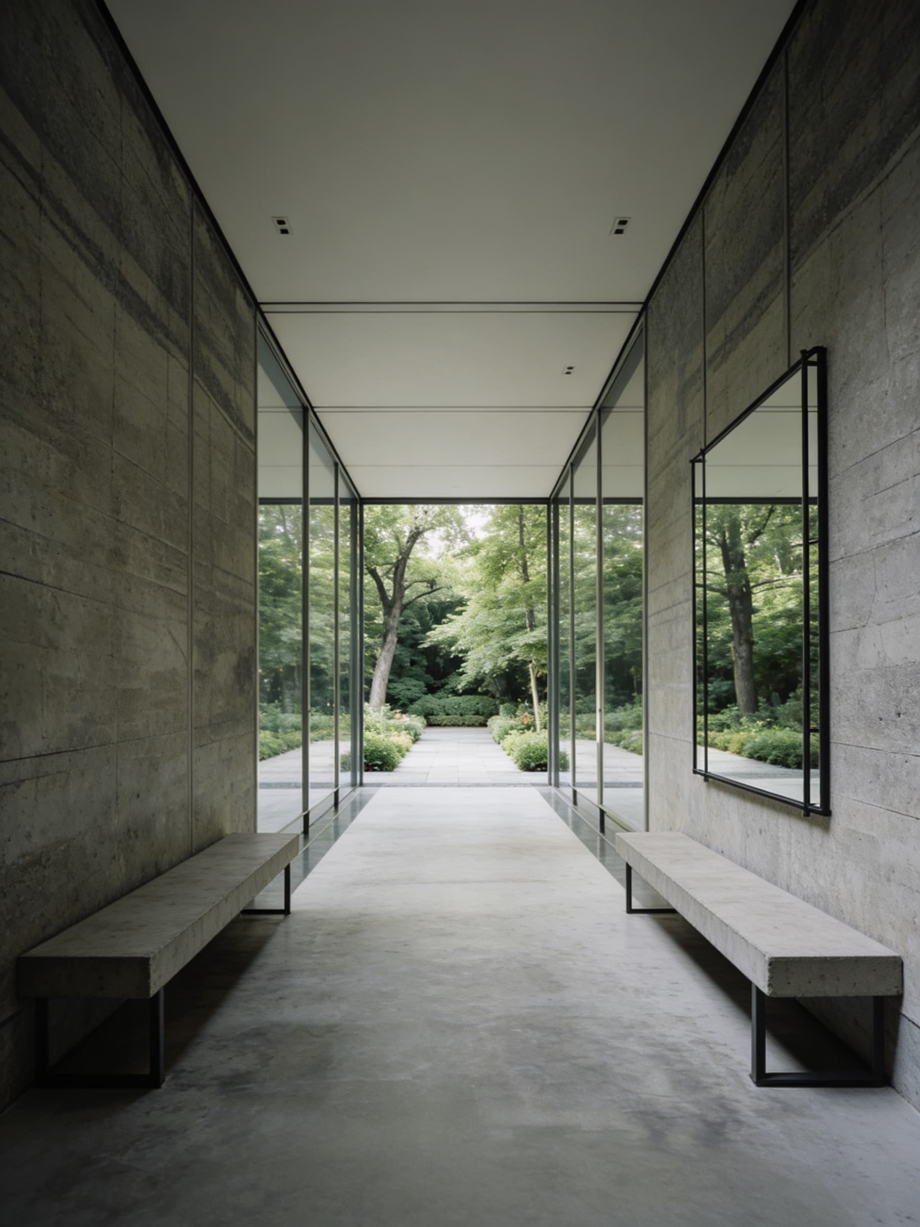The image showcases a modern, minimalist hallway with concrete walls and large floor-to-ceiling windows overlooking a lush, green garden outside.