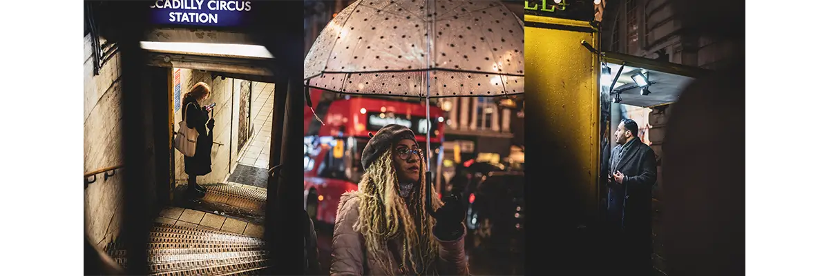 Photographs of Piccadilly Circus underground station entrance, woman with an umbrella, and a man standing under lights