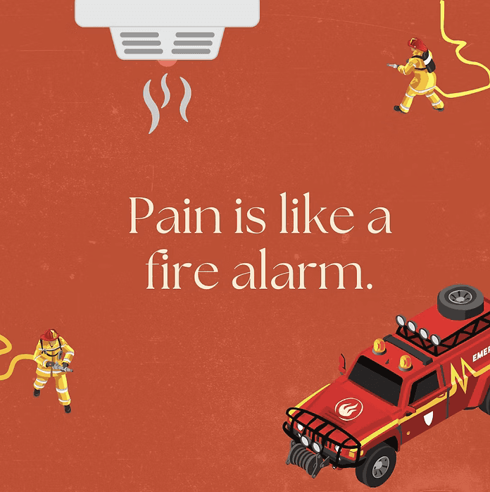 Illustration of firefighters and a fire truck responding under a smoke alarm, with the text “Pain is like a fire alarm” symbolizing how pain signals protect the body.