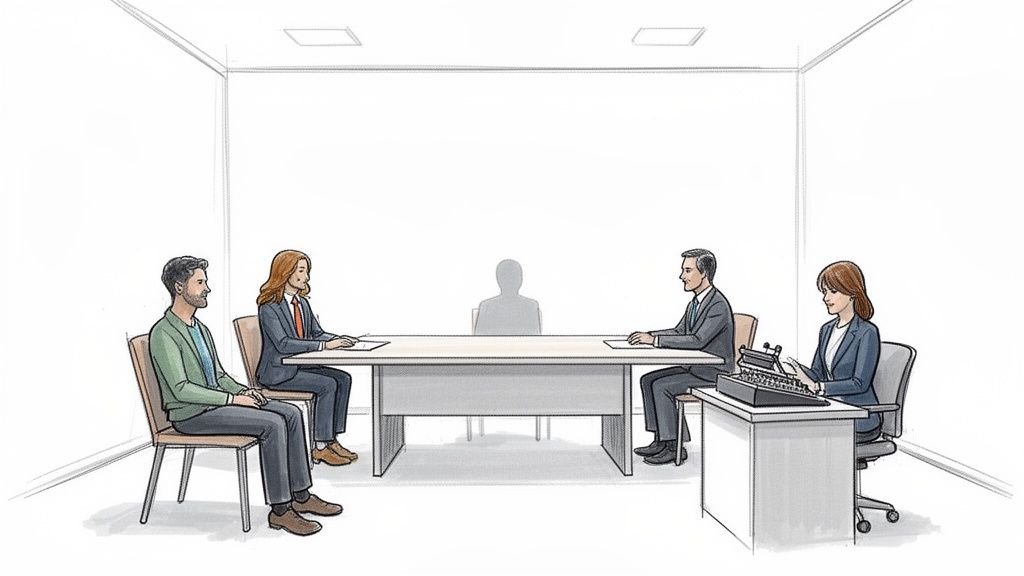 A legal deposition scene with multiple people seated around a long table and one typing.