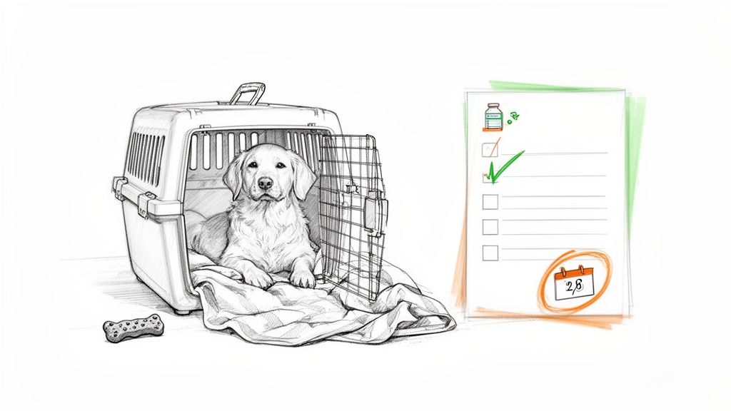 A cute puppy rests comfortably inside a pet carrier, next to a pet care checklist with vaccination reminders.