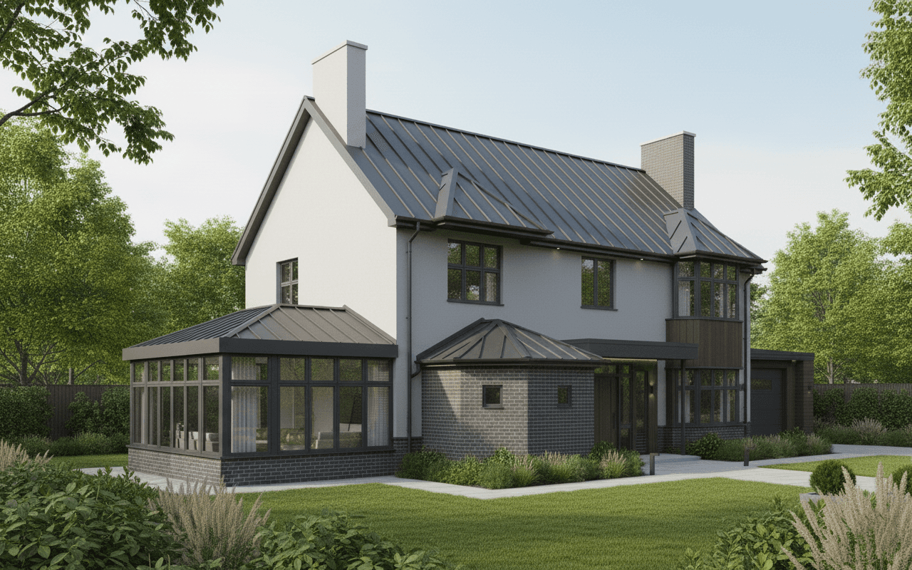 Contemporary interior with sculpted angled walls and a skylight filling the space with natural light.