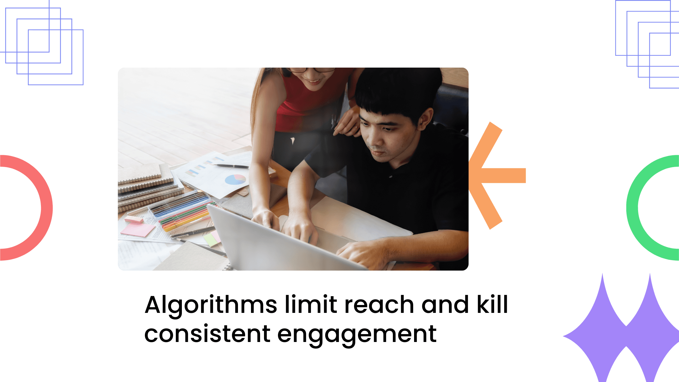 Coach guiding client on a laptop, highlighting how algorithms limit reach and disrupt consistent engagement in Facebook groups.