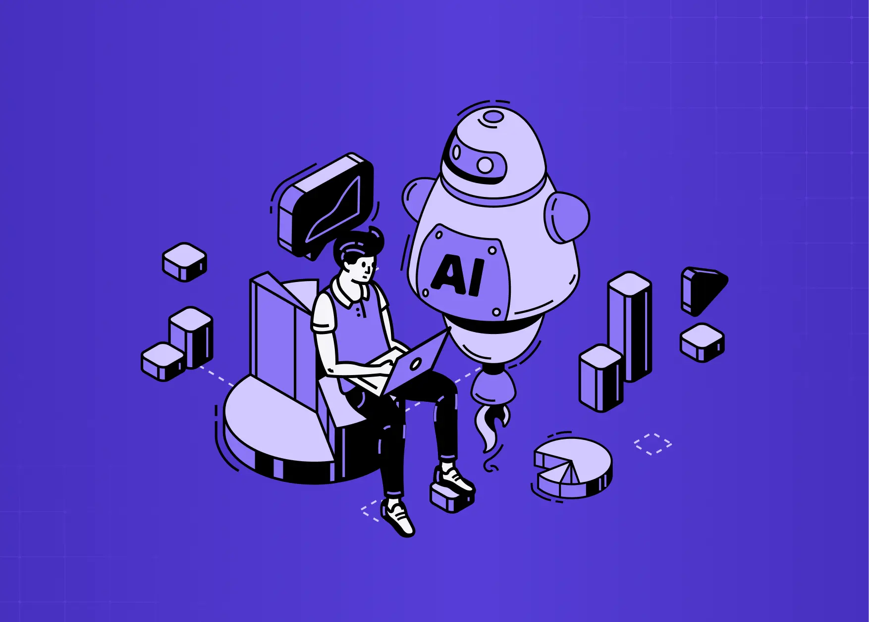 Illustration of a person working on a laptop beside a floating AI robot, surrounded by abstract data charts and futuristic UI elements on a purple background.