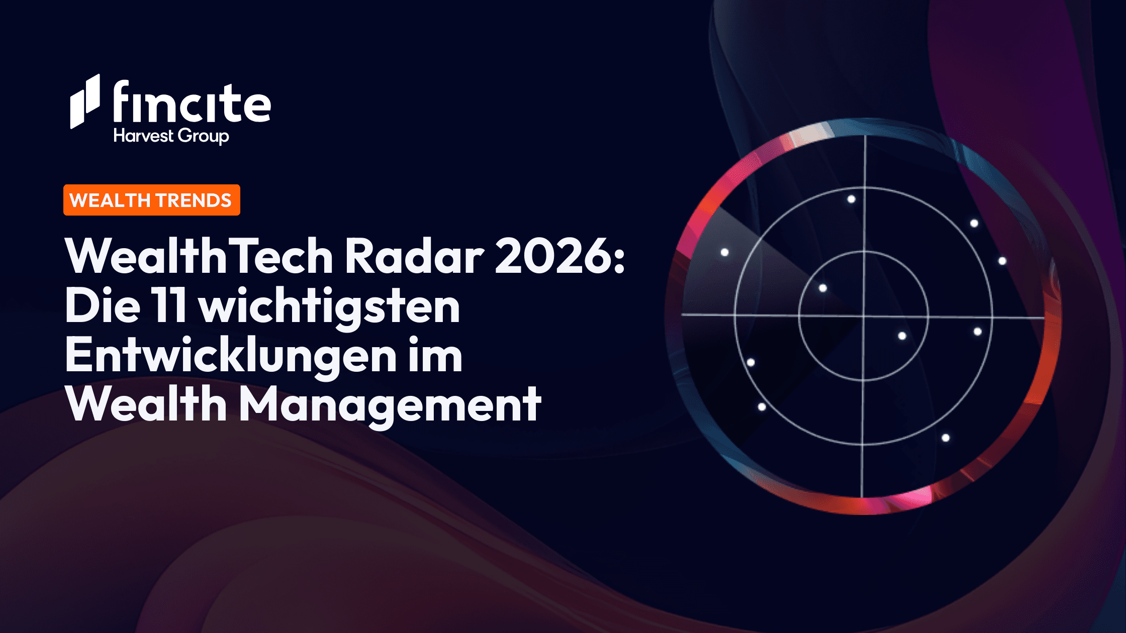 Cover des WealthTech Radar 2026 von fincite. Überblick über die 11 wichtigsten Trends, Technologien und Entwicklungen im digitalen Wealth Management. 12 Branchenexperten analysieren die Zukunft der europäischen Wealth-Management-Branche.