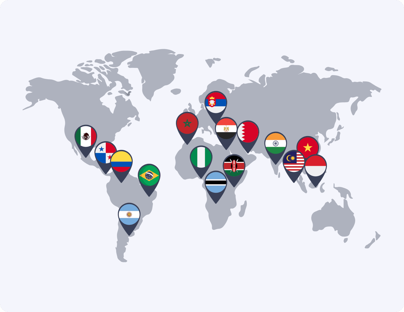 A world map showing different global currencies that are available, including MXN, BRL, ARS, CNY, NGN, INR and more.