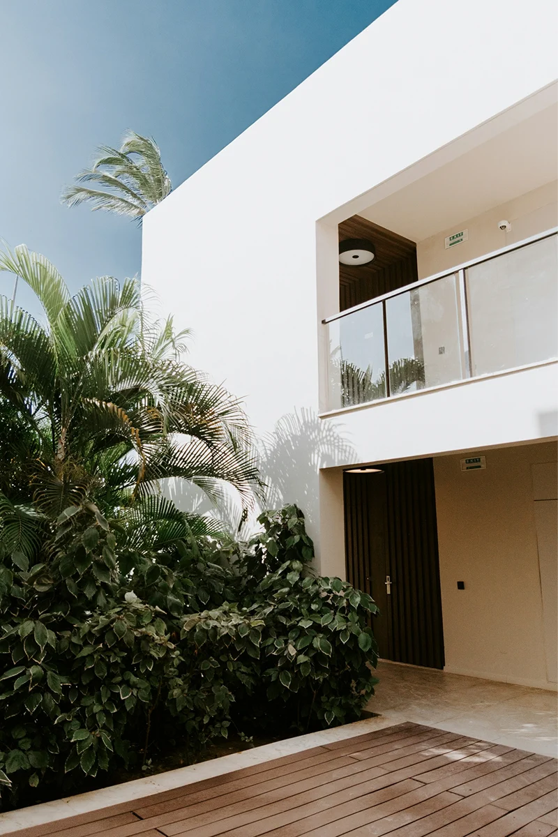Hotel entrance with white walls and tropical plants.