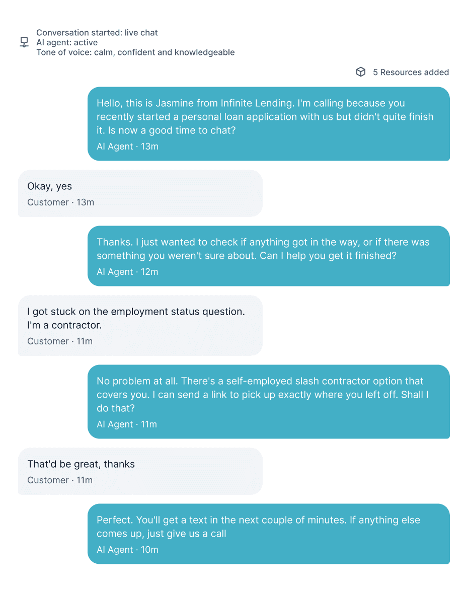 AI agent live chat re-engaging a customer who dropped out of a loan application, resolving their confusion about employment status and sending a link to complete it