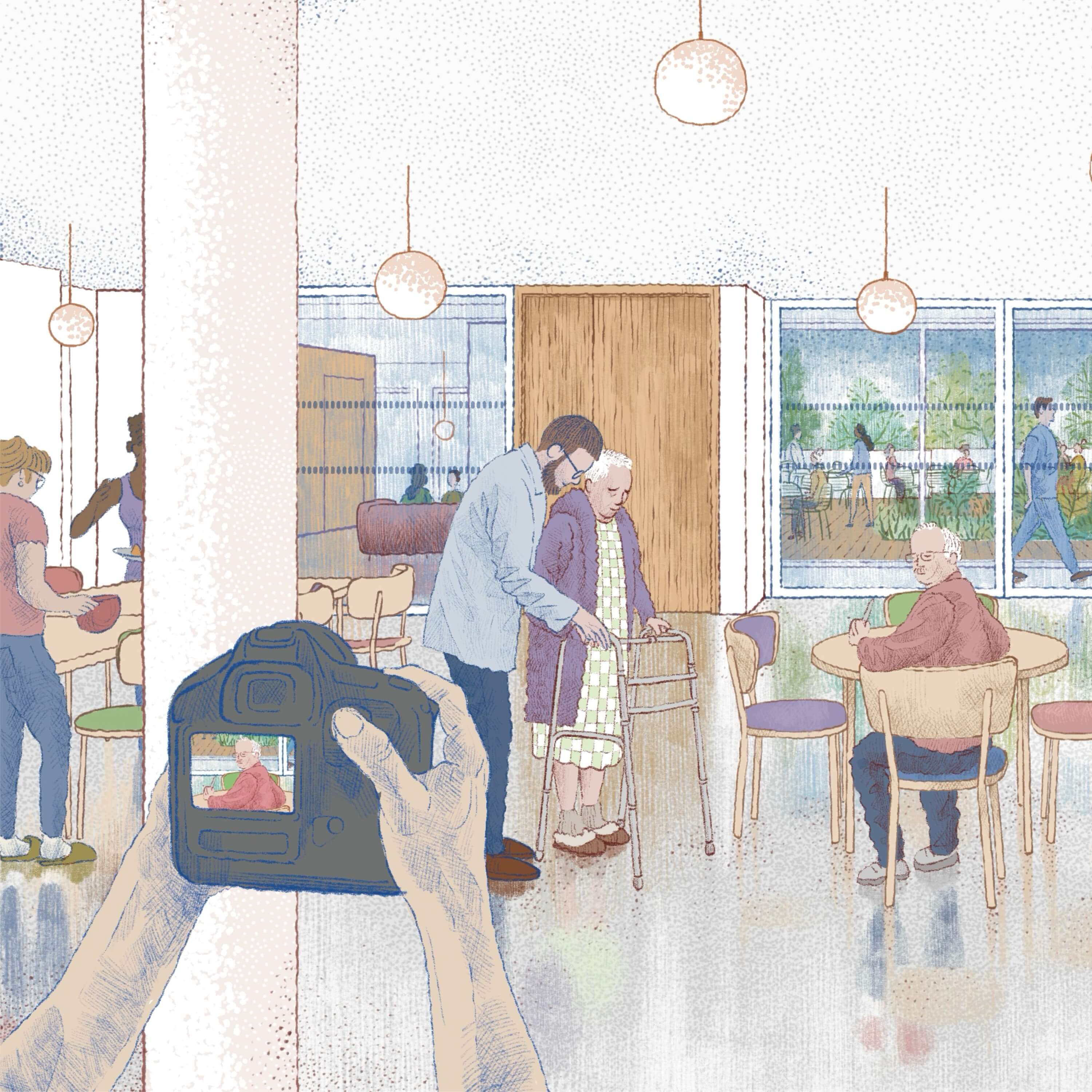 A bright, modern room with people interacting, some taking photos, and others engaged in conversation.