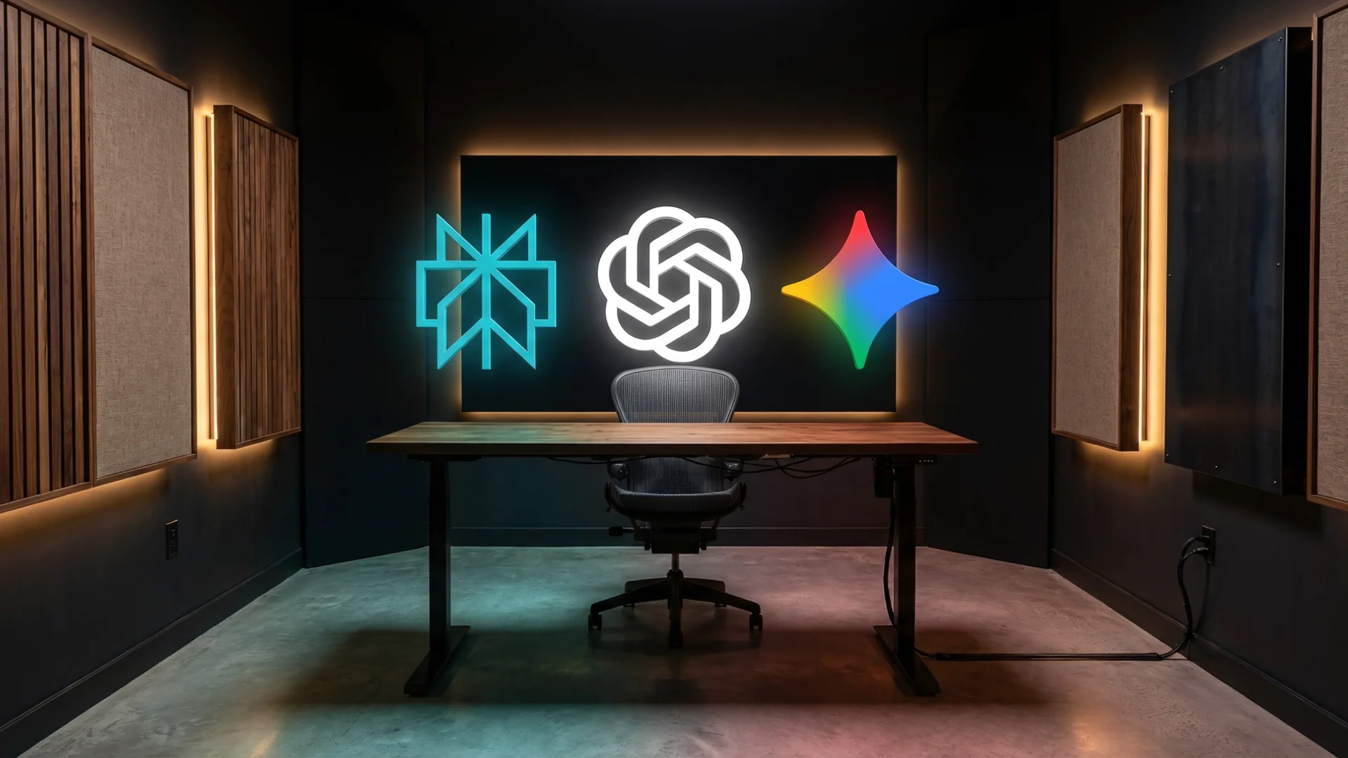 les logos de perplexity, chatgpt et gemini flottent au dessus d'un bureau