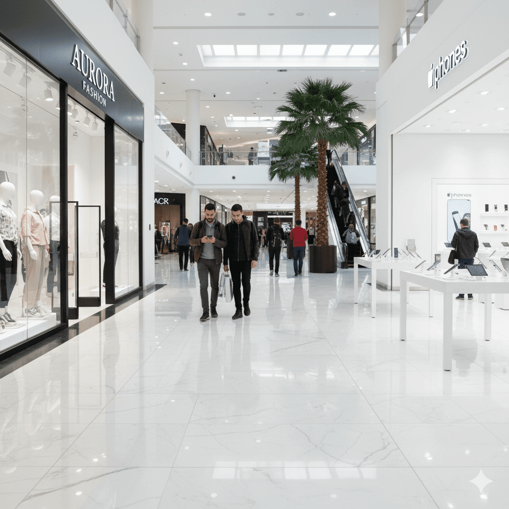 Interior of a modern shopping centre, representing the commercial real estate assets Newable helps to decarbonize for energy-efficient heating and cooling.