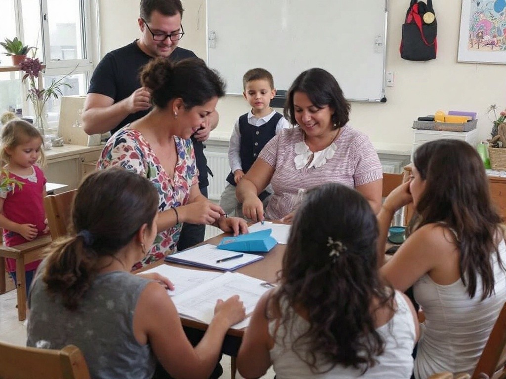 Parents and children sitting around a table working together