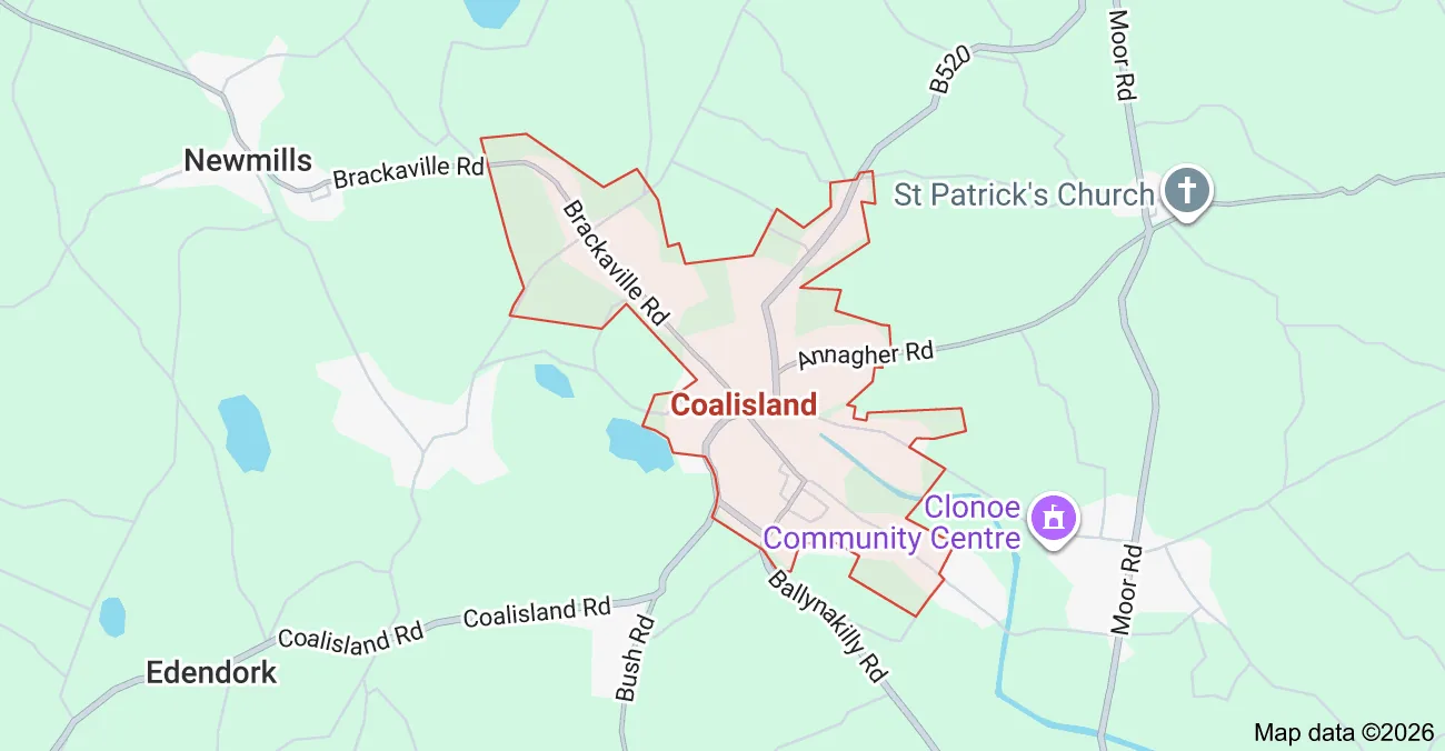 Map showing Coalisland, Northern Ireland bordered in red.