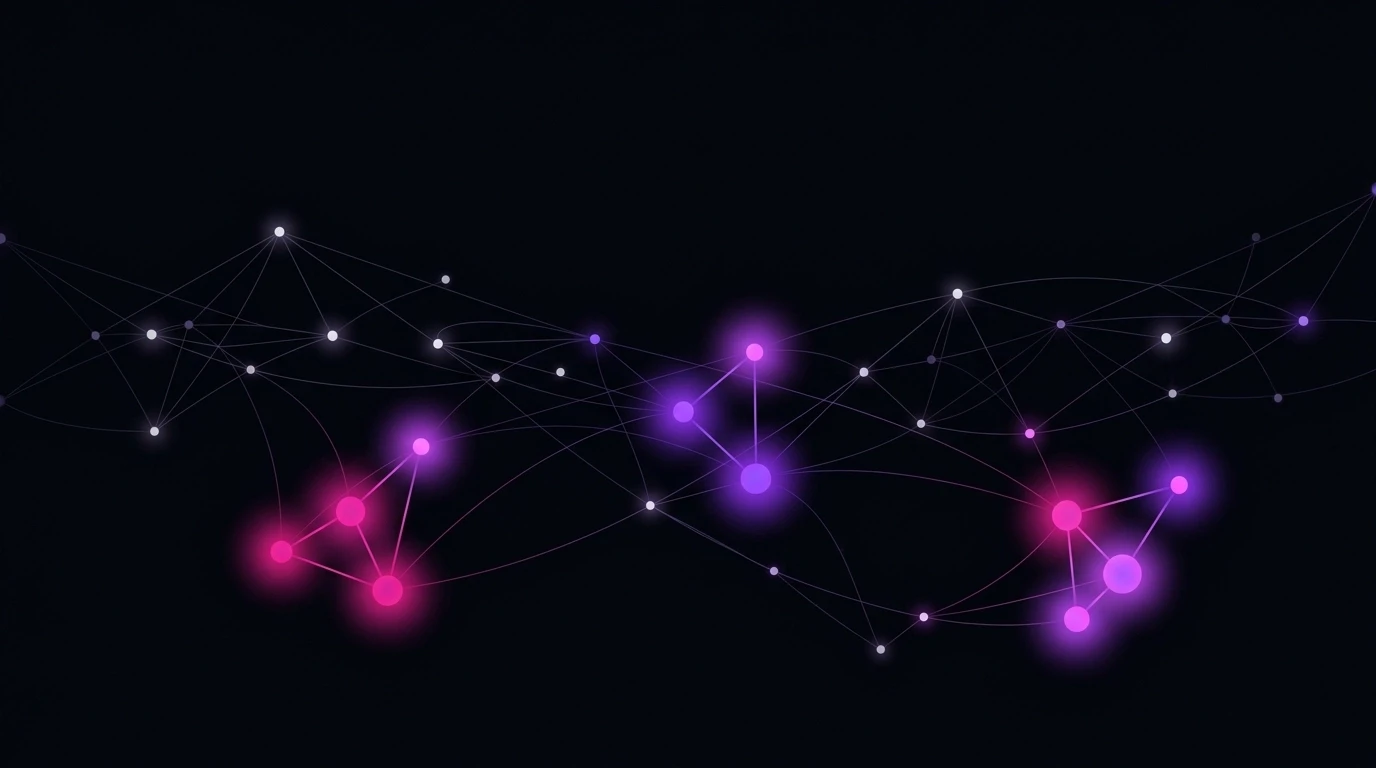 An abstract, minimal vector illustration on a black background featuring glowing magenta nodes hidden within a complex network. This represents the 'Golden Nuggets' of data: highly relevant, low-competition keywords that are ready to be harvested for business growth.