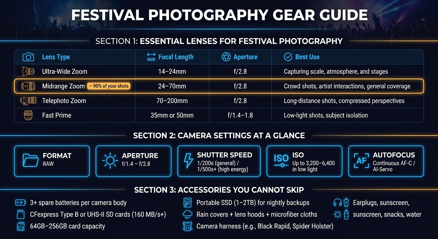 Festival Photography Gear Guide: Lenses, Settings & Accessories