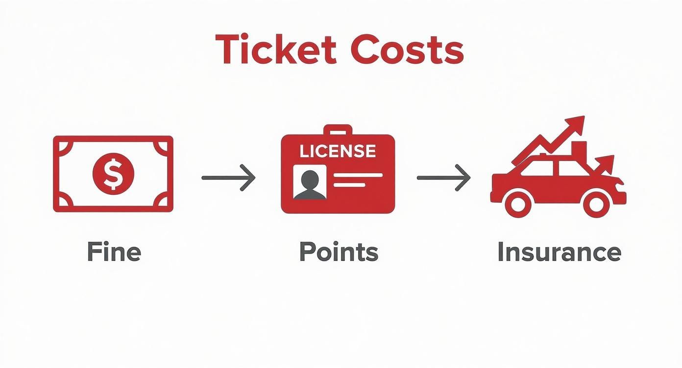 Diagram illustrating the costs and consequences of a traffic ticket: fine, license points, and increased car insurance.