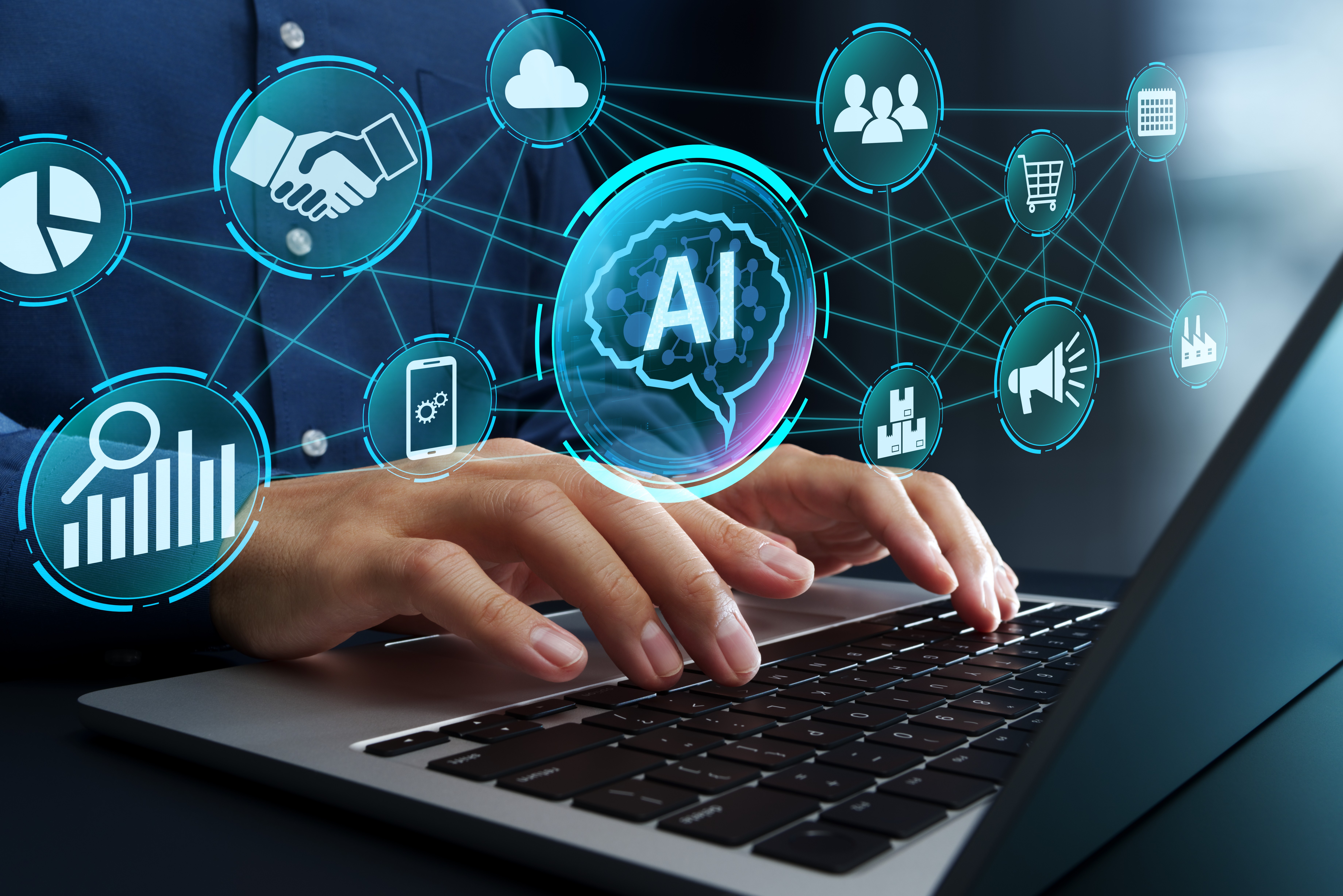 A close-up of hands typing on a laptop, with virtual AI icons and symbols in the background.