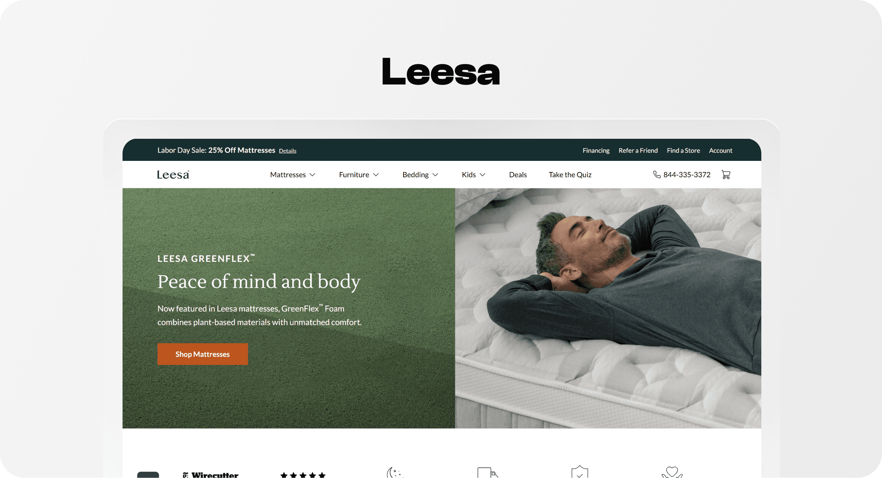 Leesa homepage with mattress categories, a buying quiz and a GreenFlex mattress feature.