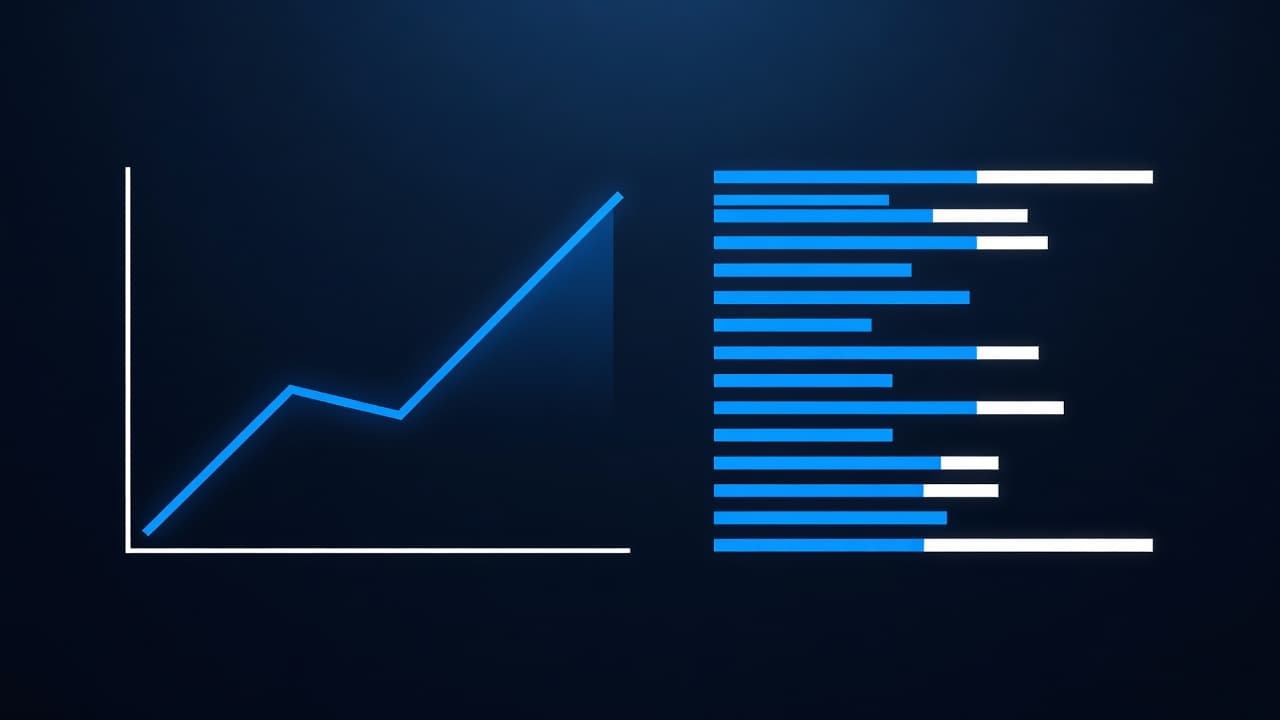 A sleek digital interface displays high-contrast blue and white charts representing key metrics. Multiple data graphs visualize conversion trends and lead response efficiency against a dark, tech-focused professional background.