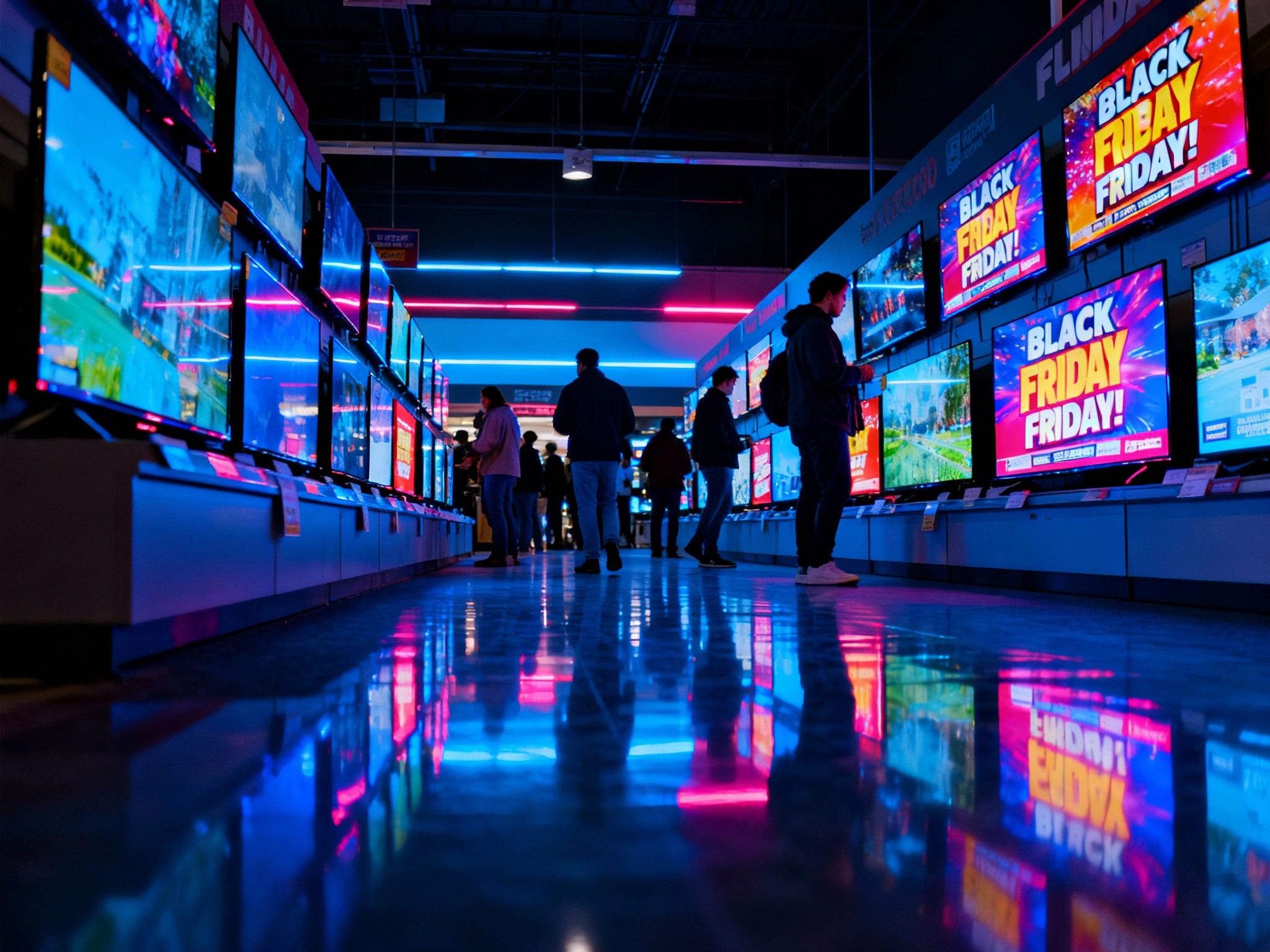 An energetic nighttime electronics store scene under dramatic cinematic lighting, featuring rows of