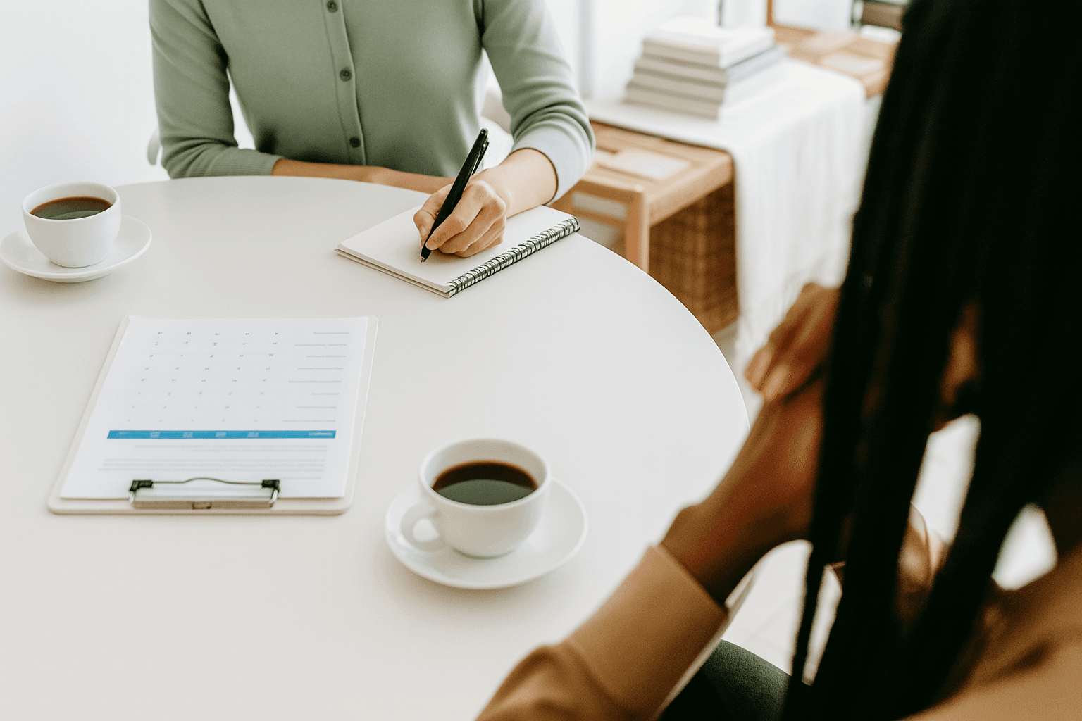 Deux personnes discutant autour d'une table, avec des documents, un carnet et des tasses de café, symbolisant la planification et la fixation des enchères et du budget pour une campagne publicitaire.