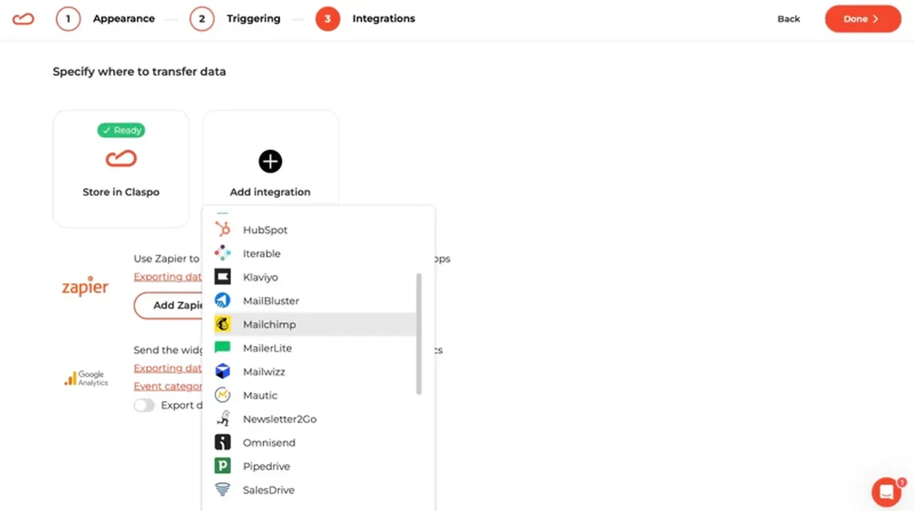 Claspo integrations page with marketing tools