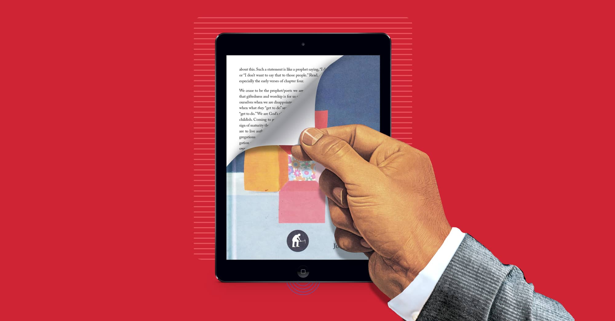 Mano pasando página en tableta digital con fondo rojo.