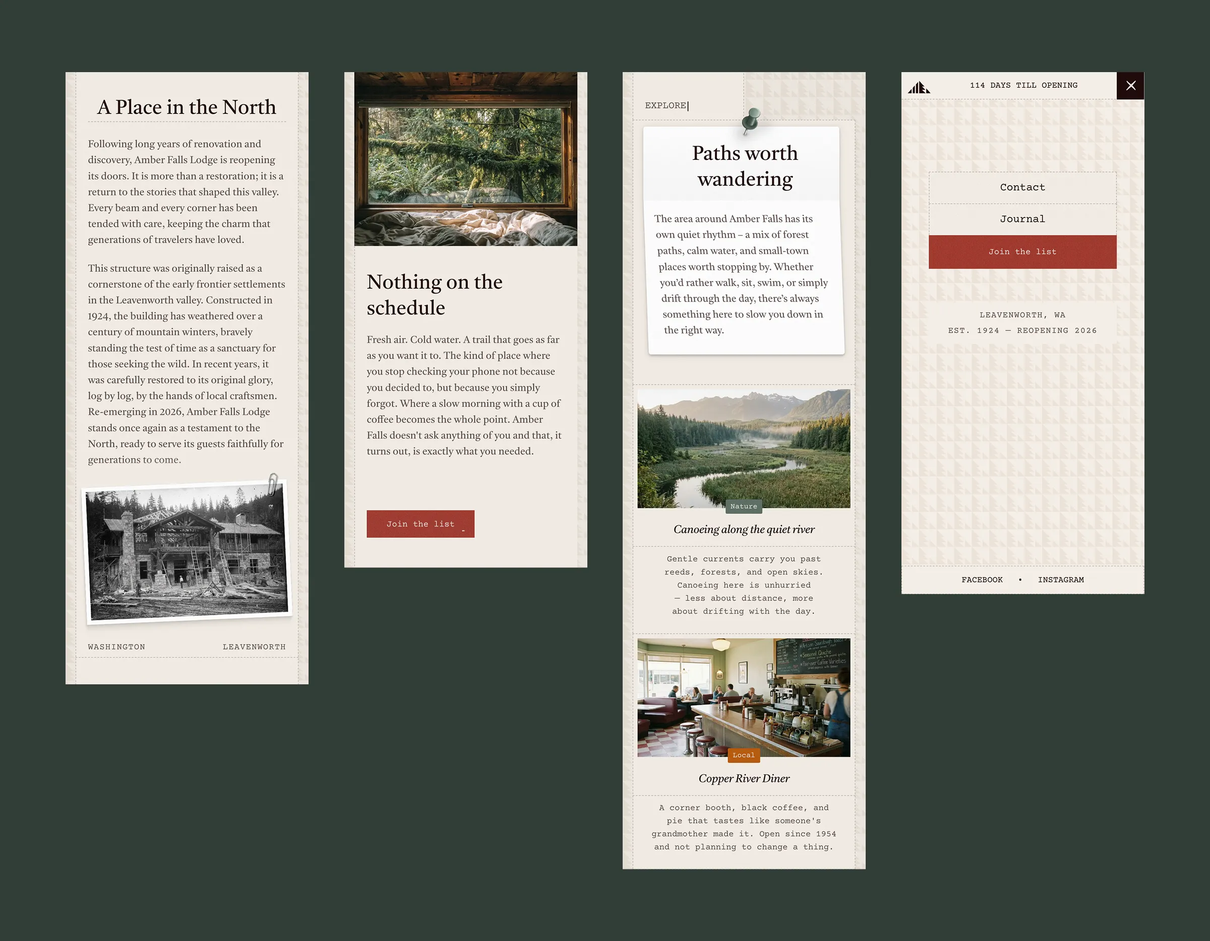 Mobile layouts for Amber Falls Lodge showing its story, travel information, local activities and navigation