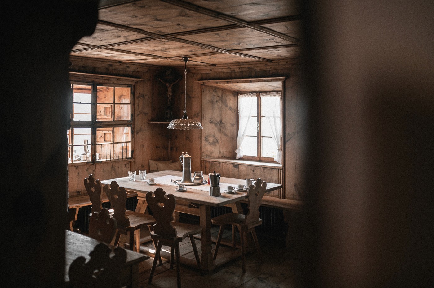 A wooden dining room in a classic alpine chalet