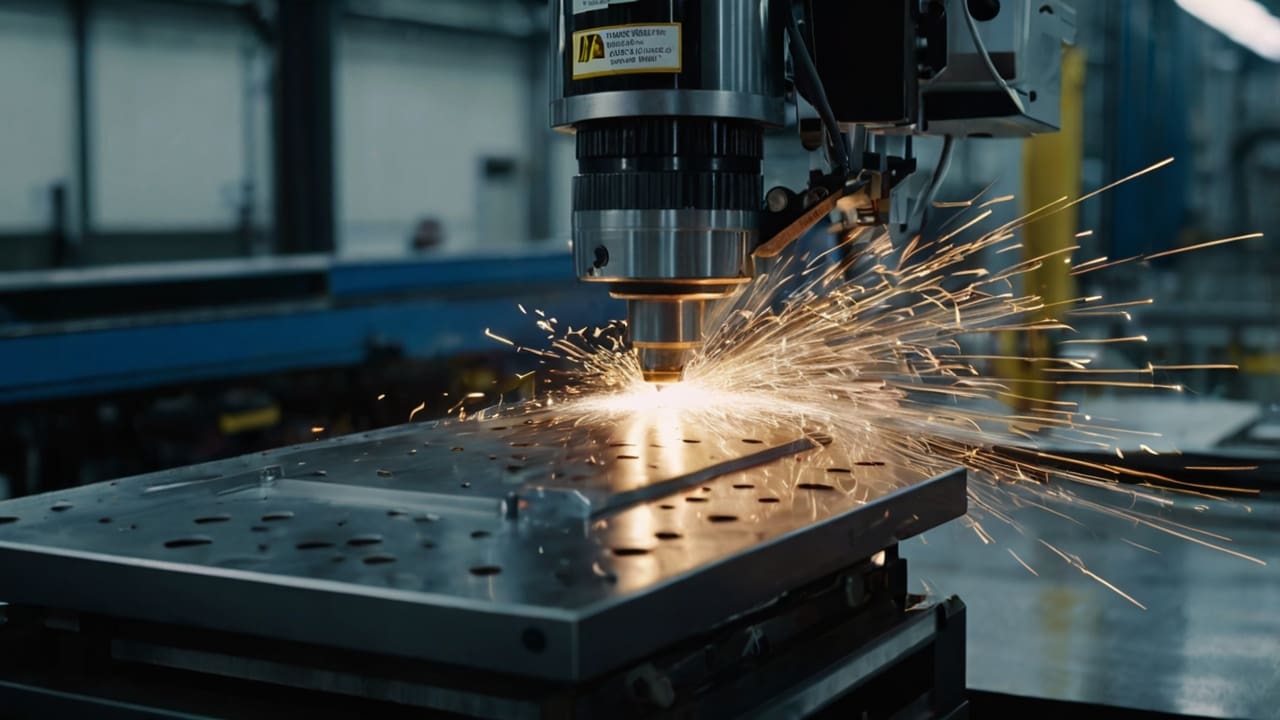 A CNC laser cutting stainless steel sheet during precision metal fabrication.