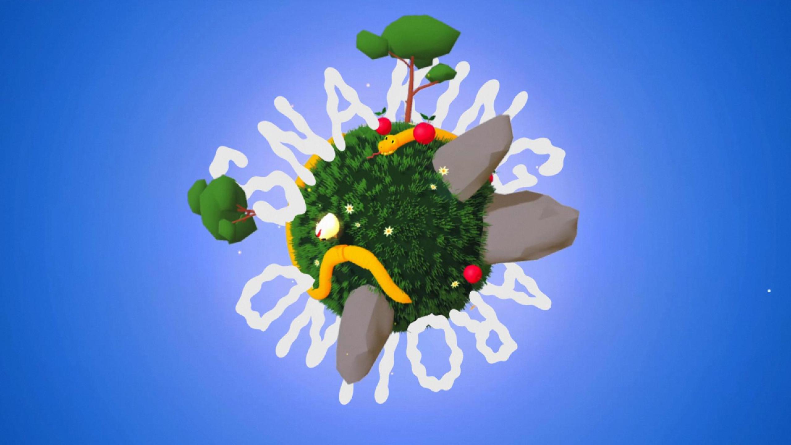 A vibrant thumbnail for the game "Snaking Around," featuring a 3D grassy planet with a yellow snake, trees, and grey rocks. The title text curves in a white, cloud-like font around the spherical world against a bright blue background.