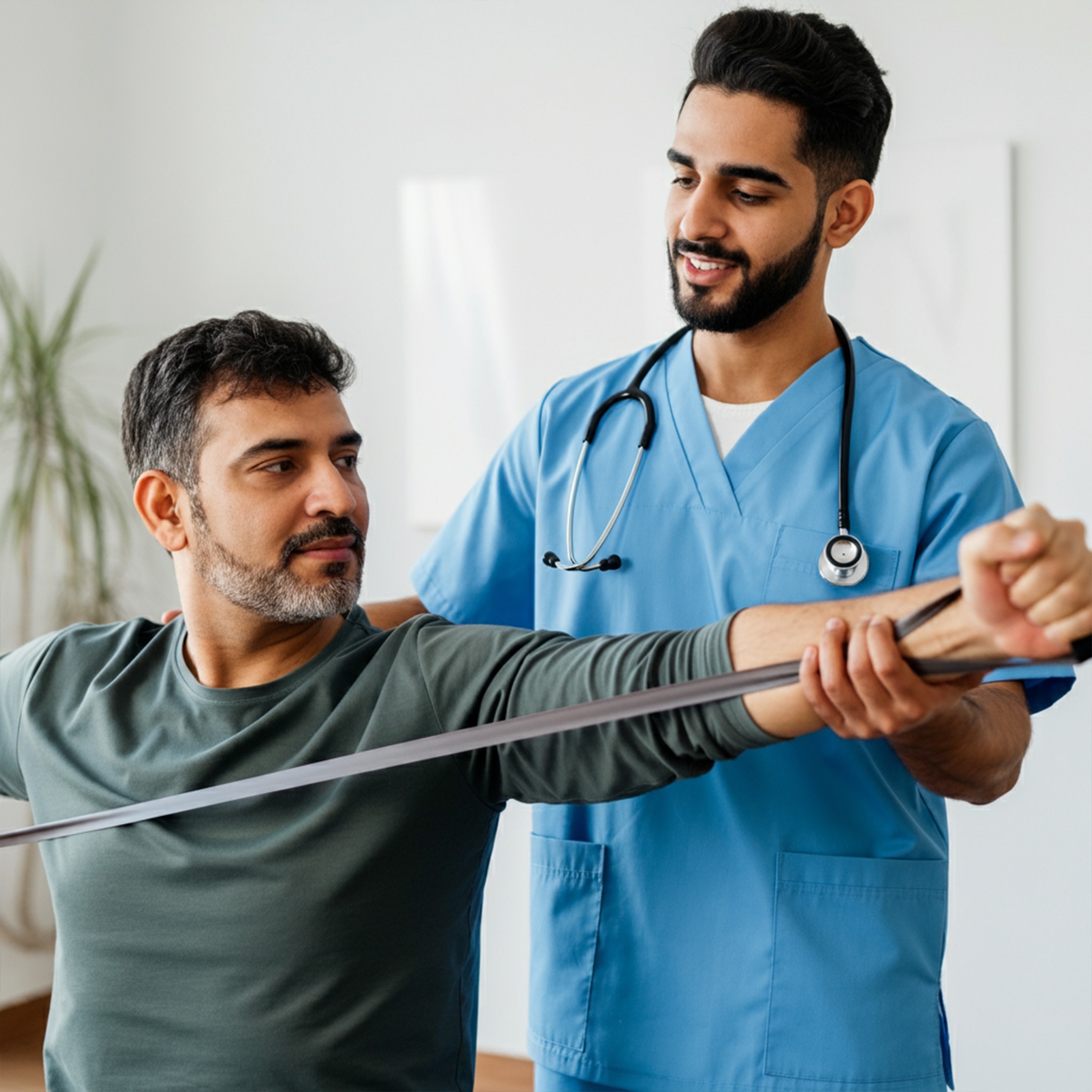 A occupational therapist helping a male patient stretch his arm using a resistance band during a rehabilitation session