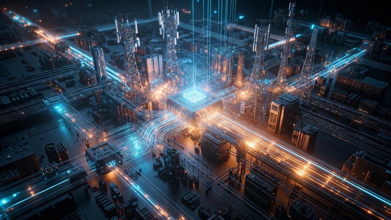 chips and anthenas connected by light lines representing hi-tech and telecom world in 2030