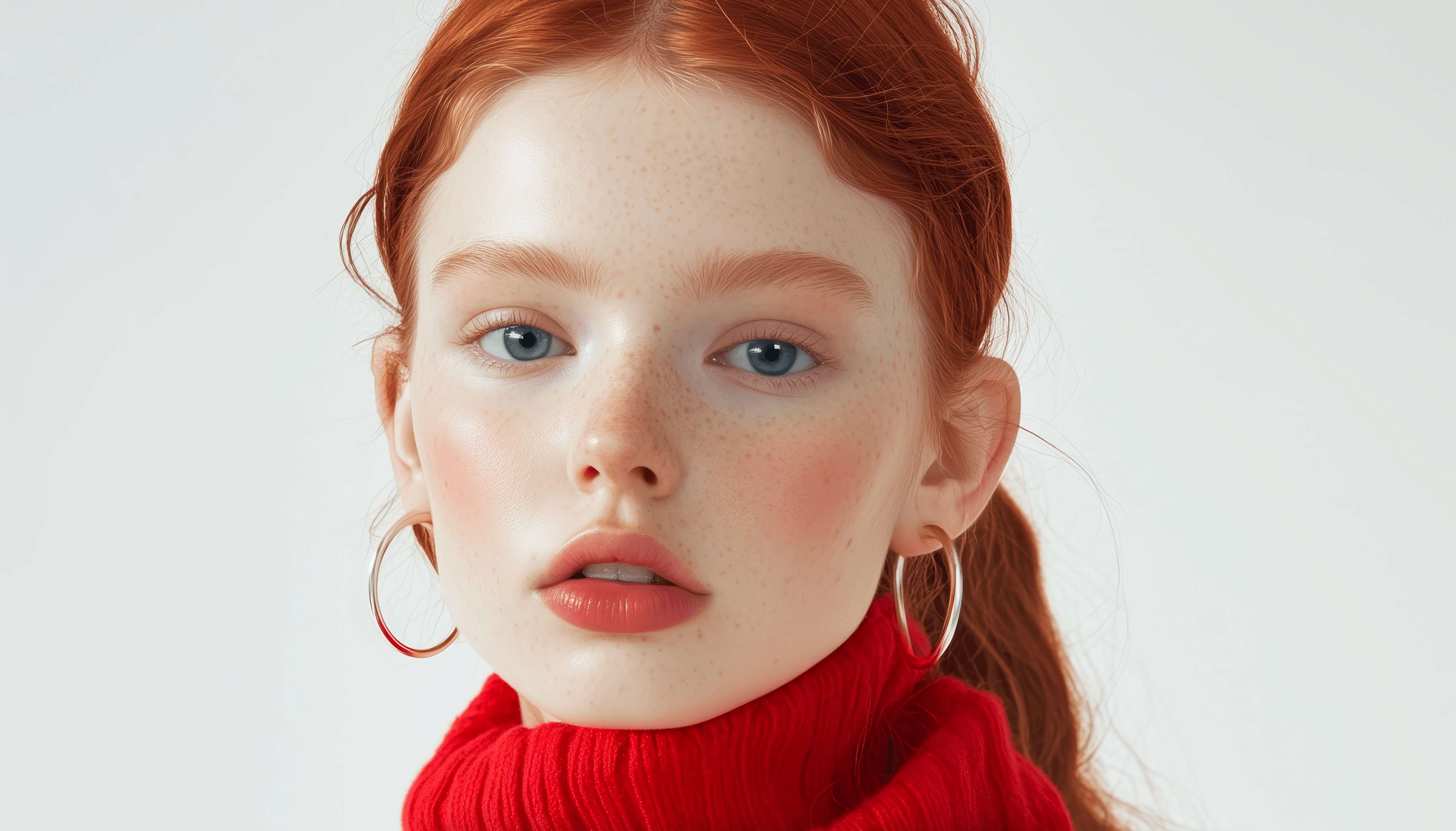 Portrait of woman with red hair wearing red turtleneck sweater